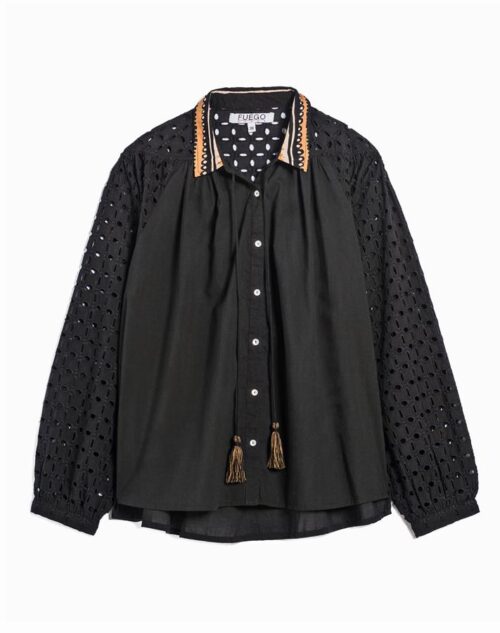 Chemise bohème FUEGO noire et imprimé havane , broderie anglaise
