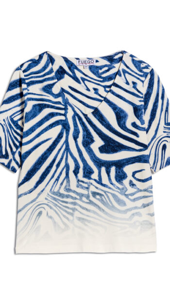 T-Shirt FUEGO tigré bleu et blanc, col Vdans le col