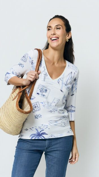 T-Shirt ANANKE col V blanc et ciel
