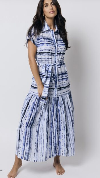 Robe ANANKE imprimé bleu et blanc, en coton